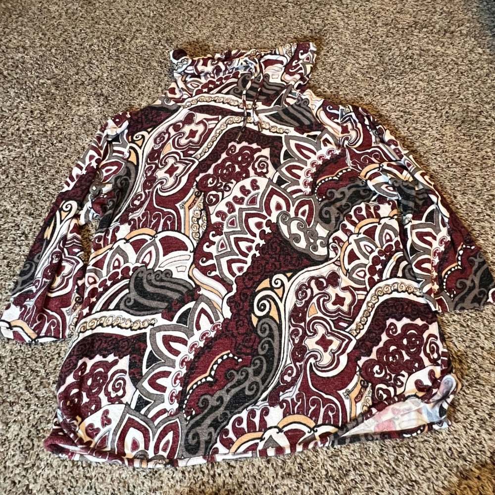 Chicos Weekends Paisley Cowl Neck Top Burgundy 3/4 Sleeve Size 3 XL Autumn